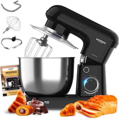 Avilia Impastatrice Planetaria con Ciotola in Acciaio 5L Nero 1500W - 10 Velocità Regolabili - Classe di Protezione II - Include Gangio ad Uncino, Frusta e Battitore - Funzionamento Silenzioso (1/5)
