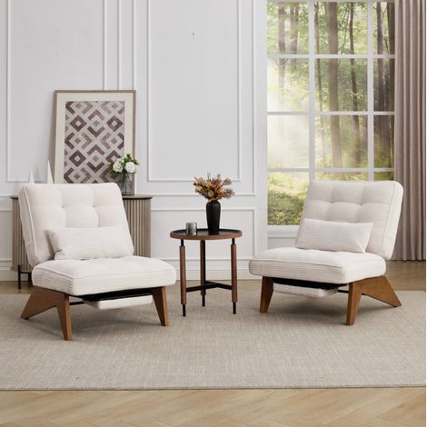 MODFU – Sillón lounge de pana beige con respaldo ajustable, cojín lumbar y patas inclinadas de madera – Beige (1/5)