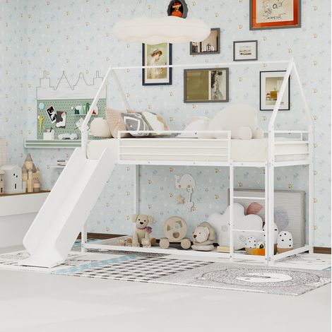 cama litera infantil con tobogán de metal blanca OKMYHOME (1/5)