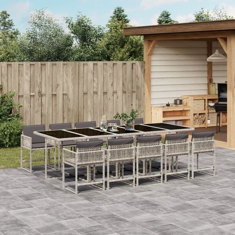 11-tlg. Garten-Essgruppe mit Kissen Hellgrau Poly Rattan vidaXL