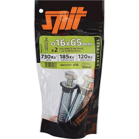 Spit – Lot de 2 goujons d'ancrage 16x65 mm – Acier pour matériaux pleins et creux – Charge jusqu'à 600 kg – Vis TH 10x70 mm incluses