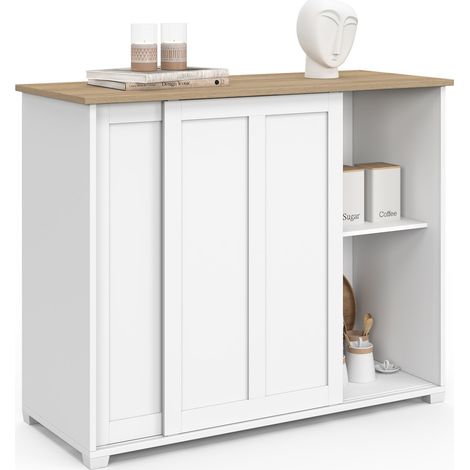 Credenza JANGO 100 cm con 2 ante scorrevoli bianche e piano in legno