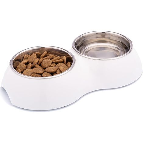 Gamelle Double pour Chien, Antidérapante Nombreuses Couleurs & Tailles pour Petit, Moyen Gros & Grand Bol en Acier INOX-ydable en Mélamine Chat Chiot (Blanc, 2 x 350 ML) (1/4)