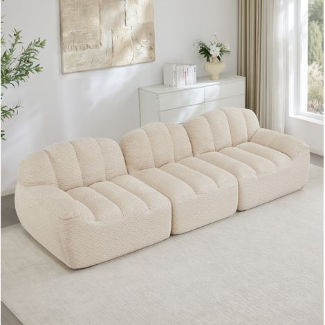 FloraGrace Canapé modulable 3 places, tissu polaire granulée, ottoman attenant, beige blanc (1/5)