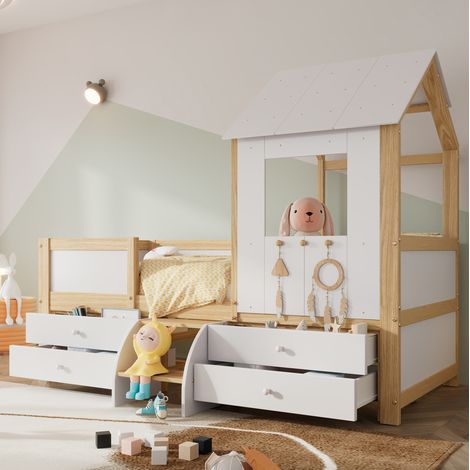 Letto a casetta per bambini 90/200 cm bianco/naturale con 4 cassetti, scaletta e tetto (1/5)