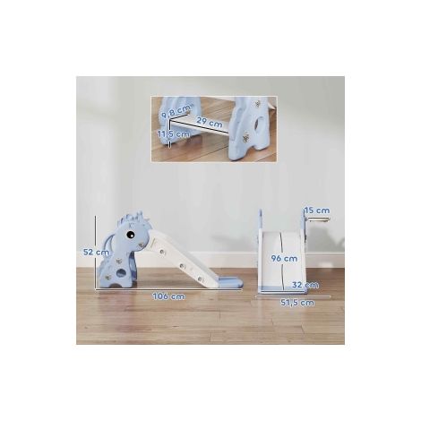 Toboggan 3 en 1 pour enfants, forme de girafe, panier de basket, balle, bleu (1/5)