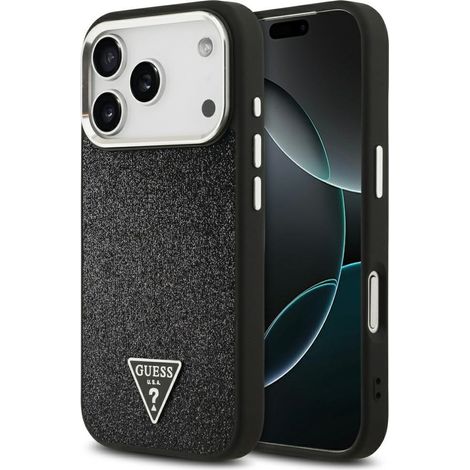 Custodia Guess con logo triangolare glitterato e MagSafe per iPhone 17 Pro, colore nero.