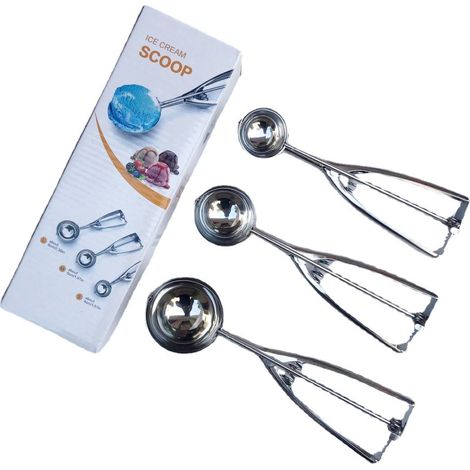 Cuillère à Glace Inox 3 Pièces, Disher Professionnel Antiadhésif à Ressort pour Sorbet et Boules de Melon, Ustensile de Cuisine Robust (1/5)
