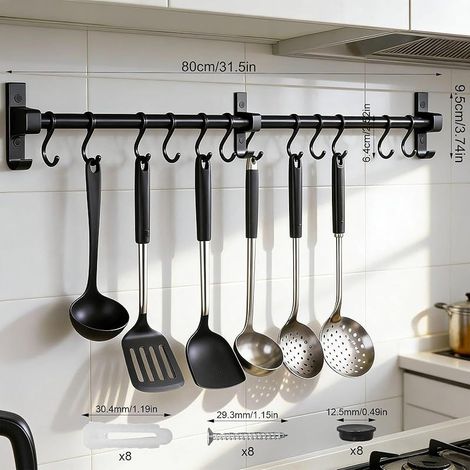 Barre de suspension pour ustensiles de cuisine de 80 cm, support mural en aluminium avec 12 crochets mobiles et multifonctionnels, pour cuillères, planches à découper, ciseaux, etc.