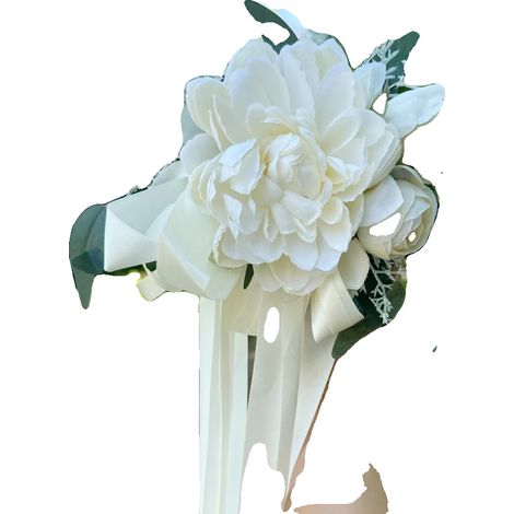 Adorno floral artificial, hojas de eucalipto, cinta de satén, color blanco. (1/2)