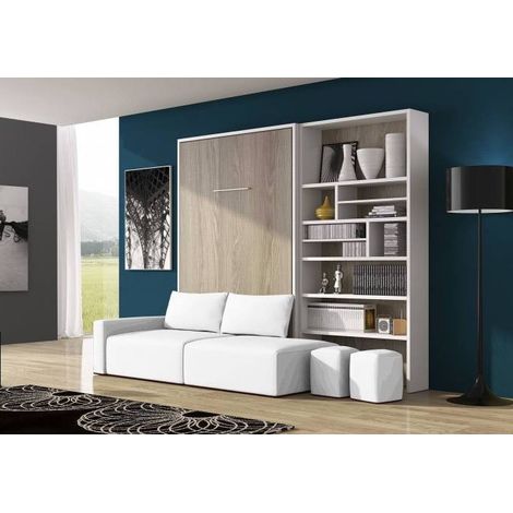 Lit escamotable 80x180 avec canapé et bibliothèque Moba-Coffrage Hêtre-Façade Hêtre-Canapé Beige (1/5)