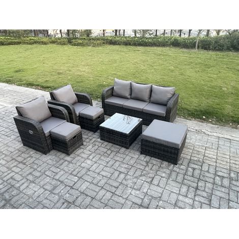 Fimous Gartenmöbelset Polyrattan Set im Balkon mit Liegestühle 3-Sitzer Sofa 3 Hockern Dunkelgrau Gemischt (1/5)