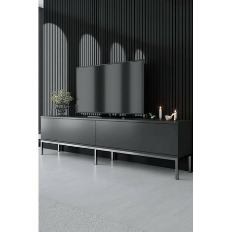 Dmora - Mueble de televisión Dpetrell, Aparador de salón, Mueble bajo para TV, Base de pared equipada, 180x30h47 cm, Antracita y Plata (1/5)