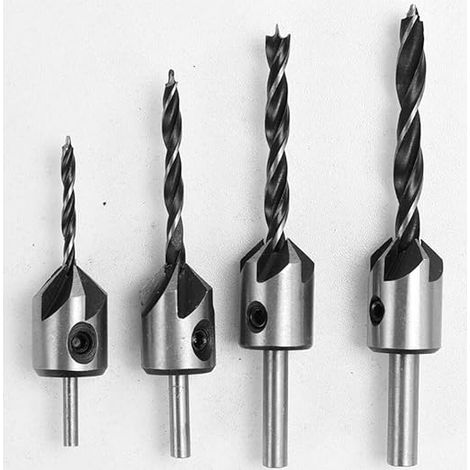 Juego de brocas avellanadoras de acero de alta velocidad de tres puntas 4 en 1 para carpintería: fresa cónica con brocas de acero y HSS y chaflán de 45° para tornillos de mortaja en proyectos de carpi (1/5)