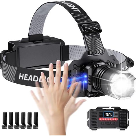 Lampe frontale LED rechargeable avec capteur et lumière rouge, 5 modes, zoomable à 90°, lampe frontale USB super lumineuse pour camping, jogging, pêche, extérieur (1/5)