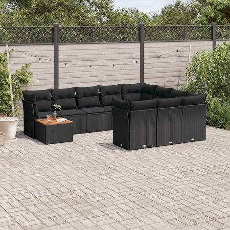 11-tlg. Garten-Sofagarnitur mit Kissen Schwarz Poly Rattan (1/3)