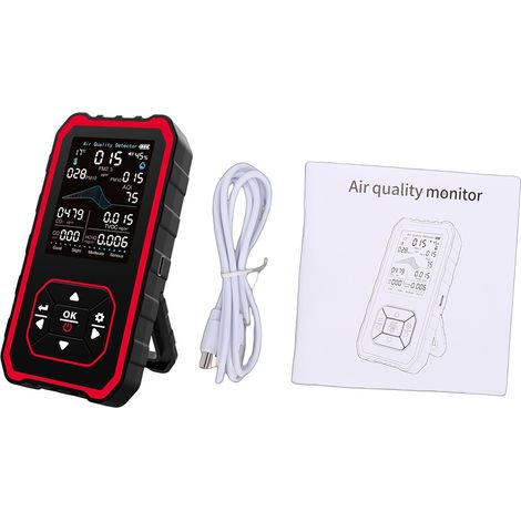10-in-1-Monitor für CO2, PM2.5, HCHO und VOC mit Lichtsensor, Echtzeitanzeige von Temperatur und Luftfeuchtigkeit, Alarm, LCD-Bildschirm, schwarz, für den Innenbereich. (1/5)