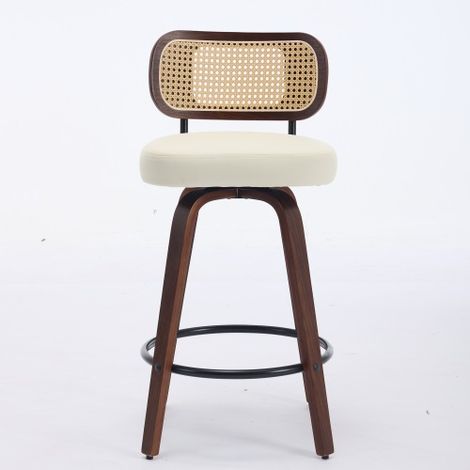 Tabourets de bar (lot de 3) — tabourets pivotants de 26 pouces avec dossiers en rotin et assises rembourrées finition noyer (noyer/beige) — adaptés aux îlots de cuisine et aux bars. (1/5)