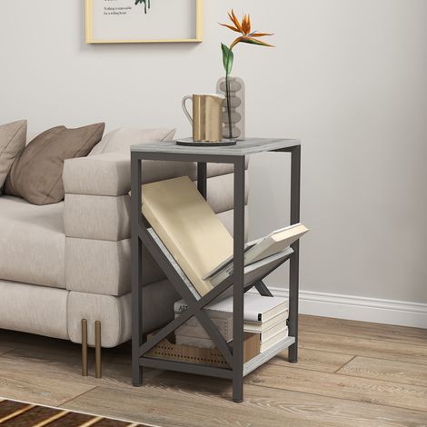Tavolino stretto, tavolino d'appoggio a 3 ripiani, portariviste a forma di V, struttura in acciaio, 40x30x61 cm, grigio scuro