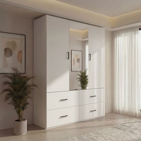 Kleiderschrank 130x51,8x181,5 cm mit 3 Türen, Ganzkörperspiegel und 4 Schubladen, modern, Holz, Weiß