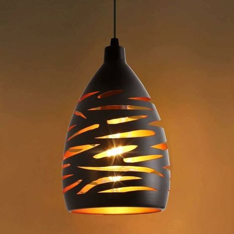 Industriell gestalteter, ausgehöhlter Kronleuchter mit Schnitzereien, moderner LED-Kronleuchter, Deckenleuchte mit Metallkäfig, schwarzer Lampenschirm, E27-Lampenfassung. (1/5)