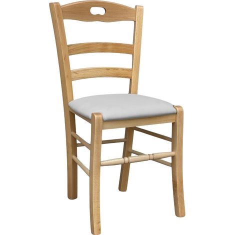 Sedia legno Loris naturale con seduta imbottita ecopelle grigio chiaro