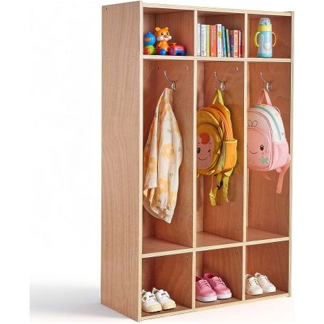 Offener Kinderkleiderschrank aus Sperrholz, Kindergarderobe mit 6 Haken & 9 Fächern (3 Groß + 6 Klein), Garderobenregal & Aufbewahrungsregal für Kinderzimmer Zuhause Kindergarten Kita (1/5)