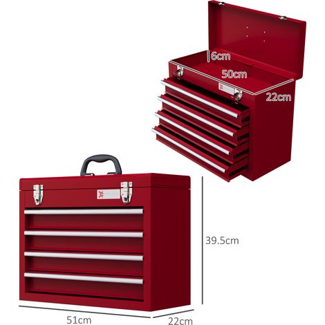 Coffre à outils vide, 51 x 22 x 39,5 cm, caisse à outils en acier avec 4 tiroirs, bac de rangement supérieur, poignée de transport, boîte à outils verrouillable (1/5)