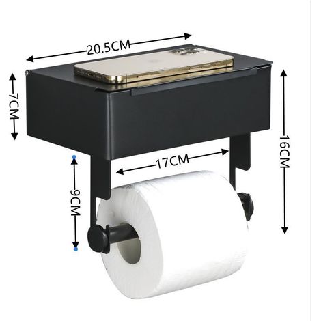 Porte Papier Toilette Mural 2-en-1 - avec ou sans Perçage - avec Rangement & Support Téléphone - en Métal – Distributeur Rouleau PQ Décoration - Noir & Bambou