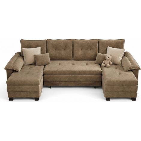 Canapé U convertible 278x127x87 cm en chenille kaki, lit d’appoint gain de place – MEUBLIV (1/5)