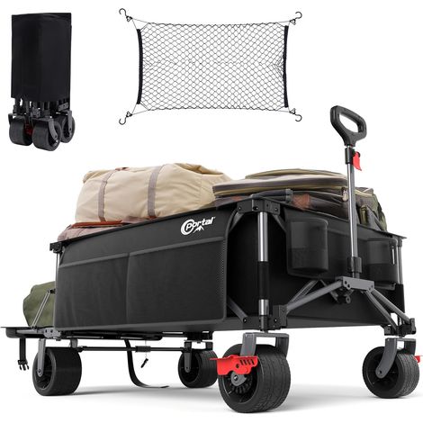 Chariot de Plage Pliable, 600L Chariot de Transport à roulettes Tout Terrain Poignée Réglable Charrette pour Extérieur Camping Pique-Nique avec Filet à Bagages Roue Amovibles de 16 cm (1/5)