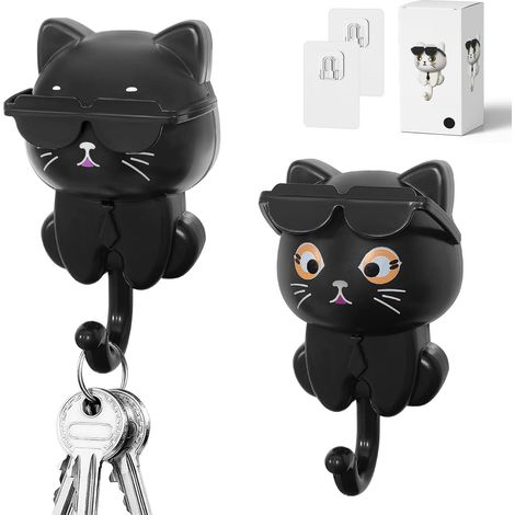 2 crochets muraux auto-adhésifs créatifs forme chat/lunettes, pour clés, vêtements, bijoux (1/5)