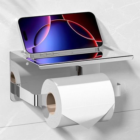Porte Papier Toilette sans Percage Acier Poli, Auto-adhésif avec Tablette Porte Rouleau Papier Toilette, Acier Inoxydable Support Papier Toilette Mural pour Salle de Bain, WC Accessoires (1/5)