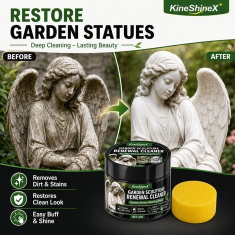 KineShineX Gartenstatuen-Reinigungsset, 30 g Reinigungspaste mit Rundschwamm, geeignet für Stein und Harz (1/5)