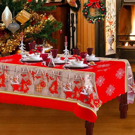 Weihnachtsparty-Tischdecke, rot, rechteckige Tischdecke, Esstischdecken 180 x 150 cm, große waschbare Weihnachtstischdecke und Tischläufer für die Dekoration (1/5)