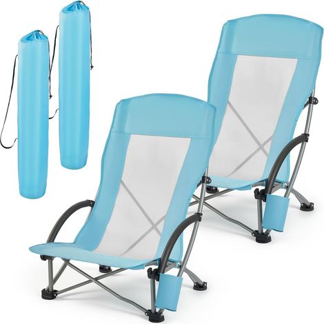 Chaise de plage pliante, chaise de camping à dossier haut, porte-gobelet et dossier en maille, 150 kg, bleu clair, lot de 2 (1/5)