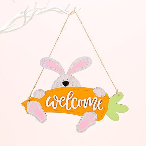 Plaque En Bois - Panneau De Bienvenue De Pâques - Décoration Suspendue Avec Lapin Œufs Et Carotte - 5 Modèles Disponibles (1/5)