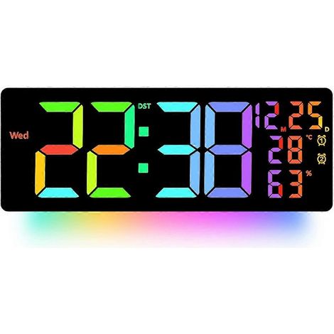 RGB-Digitalwanduhr, große Ausführung, 8 Farben, Stimmungslicht, Temperatur-, Luftfeuchtigkeits- und Datumsanzeige, 2 Wecker, Tischuhr, Timer, Countdown-Funktion (1/5)