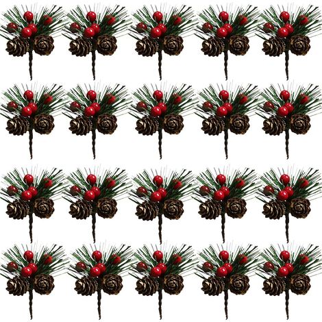 Rameaux De Pin Artificiels - Baies Rouges Et Pommes De Pin - Pour Décor De Noël Couronnes Bouquets Et Centres De Table - 24 Pièces (1/5)