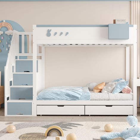 Litera infantil de madera blanco y azul 90x200 cm con cajones, escalera con almacenaje y somieres incluidos (1/5)