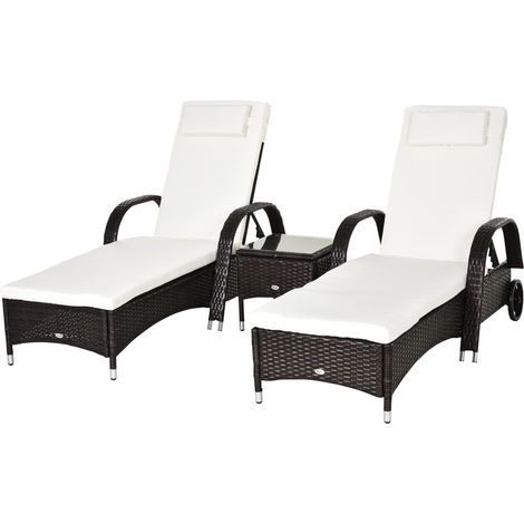 Sonnenliege Gartenliege Tisch 3Er-Set Gartenmöbel, Polyrattan+Metall Braun+Cremeweiß