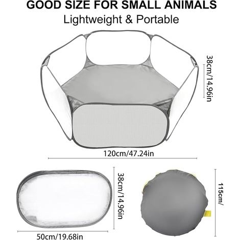 Enclos pliable pour petits animaux - Portable - Respirant et transparent - Clôture d'exercice pour cochons d'Inde, hamsters, chinchillas, lapins, chiots (gris) (1/2)