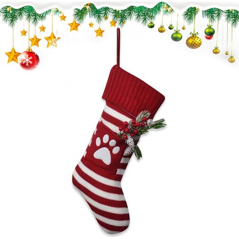 Chaussette de Noël en tricot rouge bordeaux à rayures blanches et motif pattes - À suspendre à la cheminée, sac cadeau pour décorations de Noël et articles de fête (1/5)