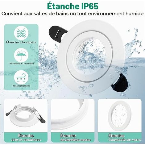 Spot Encastrable GU10 Set, Aluminium Cadre Spot LED Encastrable avec Douille GU10, Blanc Rond Cadre de Montage Spots de Plafond Trou 58-75mm pour Extérieur (1/3)