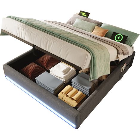 Lit coffre 140x200 gris sans tête de lit, cadre de lit en tissu lin avec LED multicolore, port USB/Type-C et poches latérales (1/5)