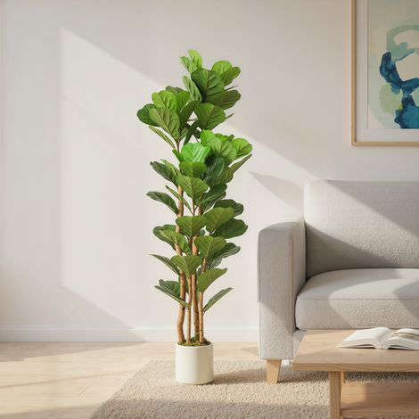 Ficus lyrata artificial, planta artificial con 71 hojas, tronco de madera maciza, maceta, 50 x 50 x 150 cm, verde.