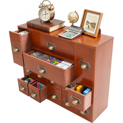 Meuble de rangement à 14 tiroirs, Bois & Fer, boîte de Rangement, 53x16x42.4 cm, Couleur marron ancien (1/5)