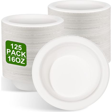 Lot de 125 bols à soupe jetables en canne à sucre - 470 ml - Assiettes creuses jetables - Bols à soupe bio - Ronds et blancs (1/5)