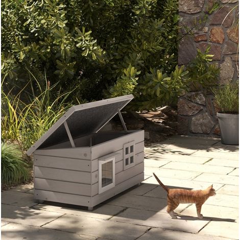 Maison pour chat en bois gris et blanc 87 x 52 x 44 cm avec toit ouvrant DESVIAE (1/5)