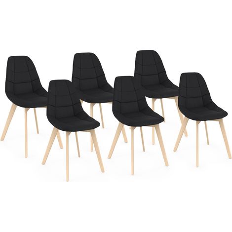 Idmarket – Lot de 6 chaises scandinaves en tissu noir – Pieds en bois de hêtre – Assise rembourrée pour confort optimal – Dimensions 46x53x80cm (1/5)